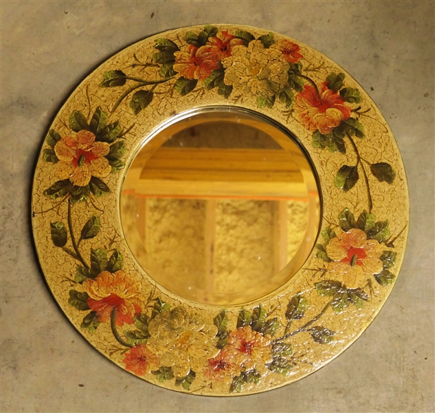 Round Beveled Mirror in Floral Decorated Frame - Frame Measures 17" Across