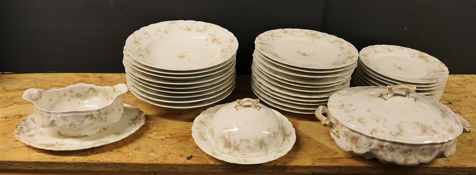 32 Pieces of Theodore Haviland "The Princess" China - by The E.B. Taylor Company - Set includes - 9" Rimmed Soup Bowls, 8 1/2" Plates, Tureen with Lid, Gravy Dish, and Butter Dish - 1 Bowl, 1...