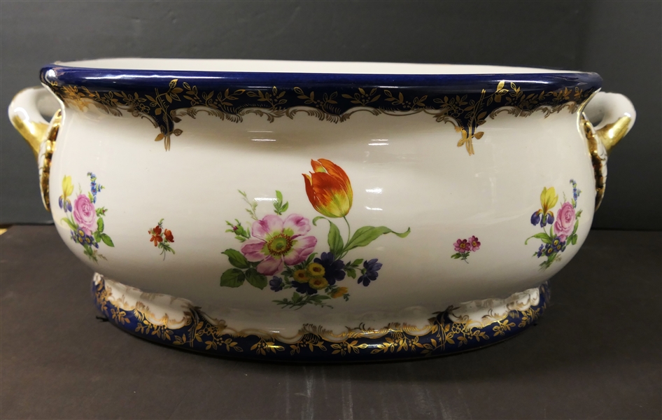 Outstanding Large Limoges France Porcelain Foot Bath - Beautiful Hand Painted Flowers with Gold Accents - Measures 8" tall 22" Handle to Handle 15" Across