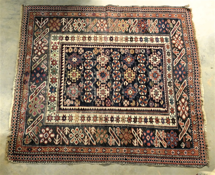 Antique Caucasian Rug  - Red, Blue, and Cream - Some Overall Wear - Rug Measures 52" by 45" 