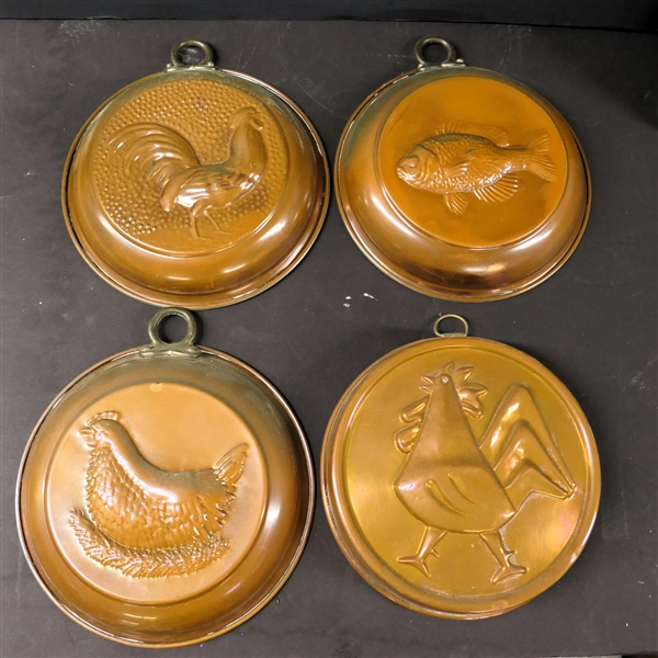 Set of 4 Copper Wall Hangings with Fish and Chickens - Each Measures 7 3/8" Across