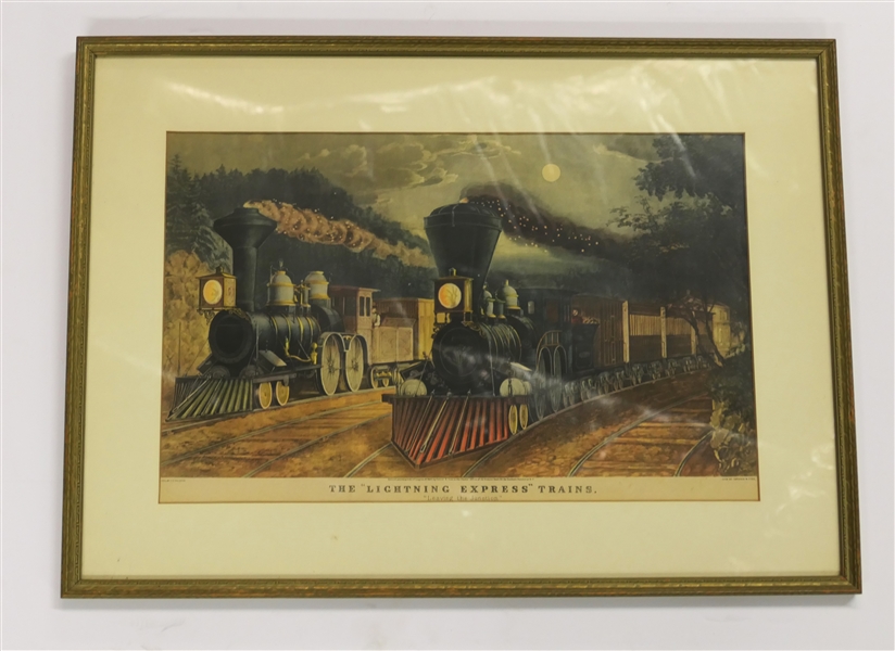 "The Lightning Express" Trains "Leaving the Junction " - Currier & Ives Lithograph - Framed and Matted - Frame Measures 16" by 22"