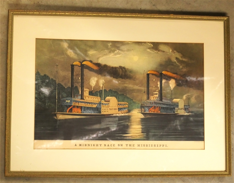 "A Midnight Race on The Mississippi" - Currier & Ives Lithography - Framed and Matted  -Frame Measures 16" by 22" 