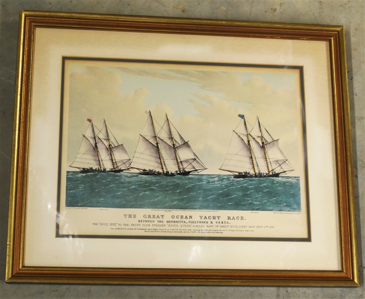 "The Great Ocean Yacht Race - Between the Henrietta, Fleetwing & Vesta" - From the Yacht Club Steamer "River Queen" - Framed and Matted - Frame Measures 17" by 21" 