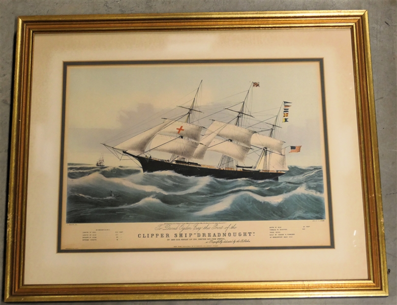 "Clipper Ship "Dreadnought" " Lithograph by W. Currier - Framed and Matted - Frame Measures 17" by 21"