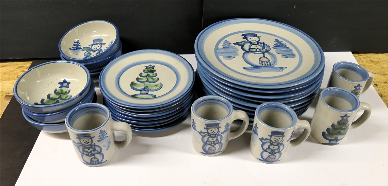 27 Pieces of M.A. Hadley Christmas / Winter China with Snowmen and Christmas Trees - Dinner Plates, Luncheon Plates, Bowls, and Mugs 