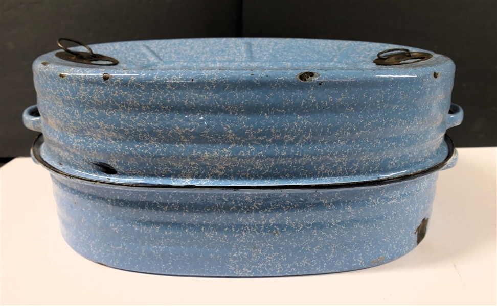 Reed Blue Enamel Roasting Pan - Dated 1911 - Measures 16 3/4" by 10 3/4"