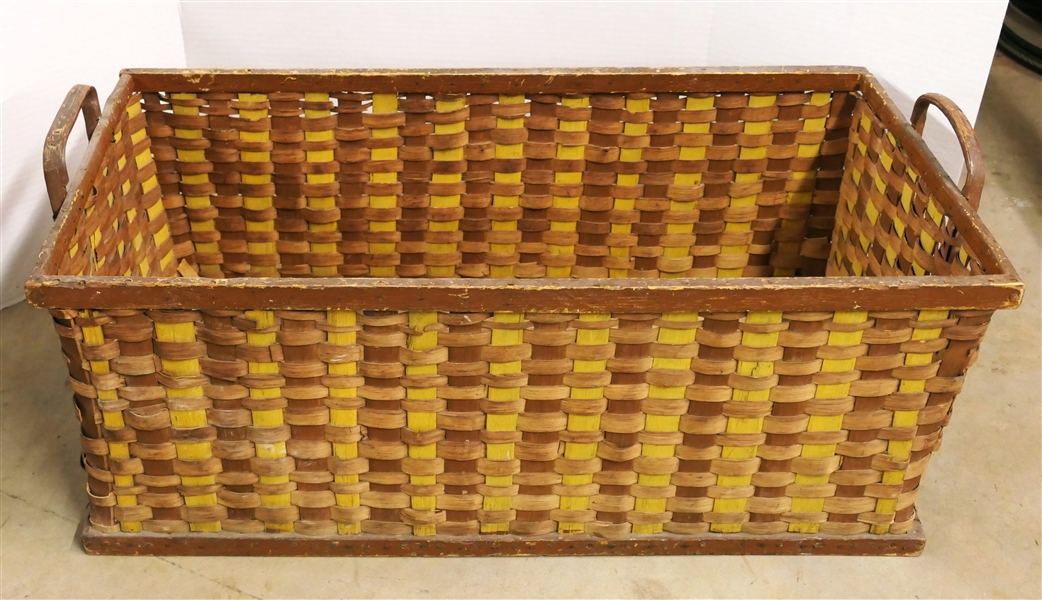 Large Handmade Antique Oak Split Bounty Basket - Notched Handles - Basket Measures 12" Tall 31" by 15 1/2" 