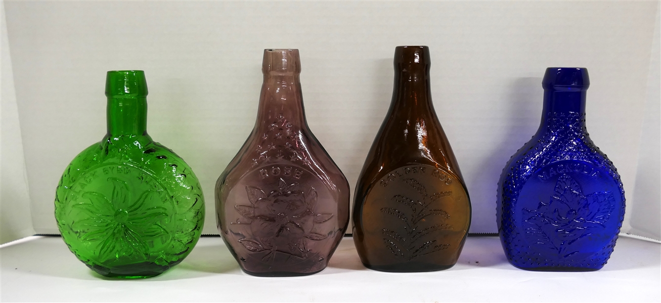 Museum Editions Ltd. Flower Bottles - "Rose" "Magnolia" " Black Eyed Susan" and "Golden Rod" - One Marked Clevenger Bros. NJ - Each Measures Approx. 7 1/2"