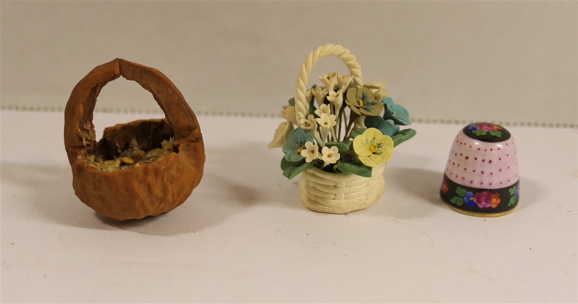 Herend Hand Painted Porcelain Thimble, Walnut Hand Carved Basket, and Miniature Flower Arrangement 