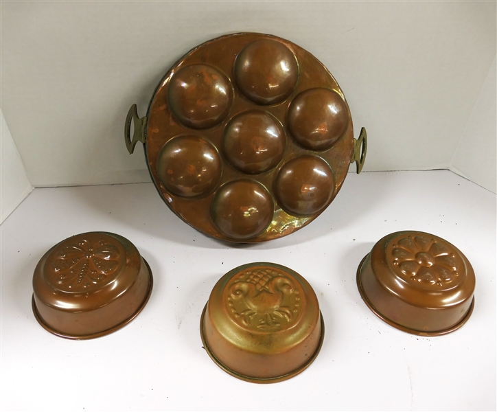 Copper Egg Pan and 3 Copper Molds / Decorative Pans - Egg Pan Measures 9 3/4" Across Smaller Molds Measure 5"