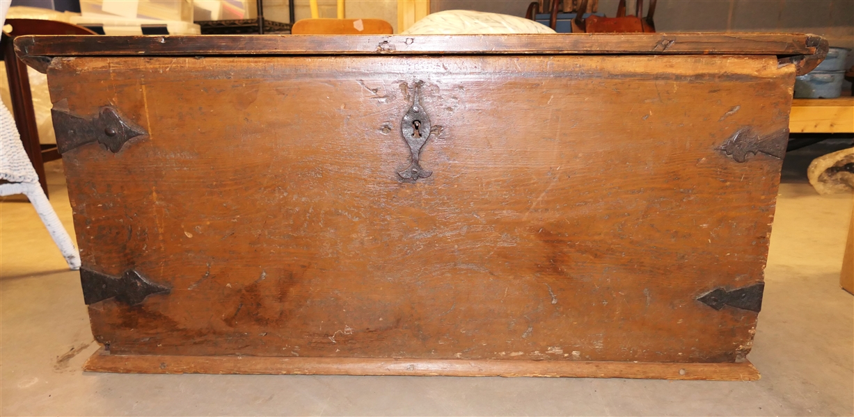 Eighteenth Century New England Pine Dovetailed Chest - Blacksmith Shop Made Strap Hinges -2 Board Top 1 Board Sides -  Missing Glove Box - Measures 18" tall 39" by 25" 