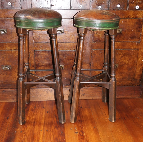 Pair of Fine English Stretcher Base Bar Stools with Leather Seats - Each Measures 30" Tall 12" Across Seats 1 Seat Cushion Has Small Tear