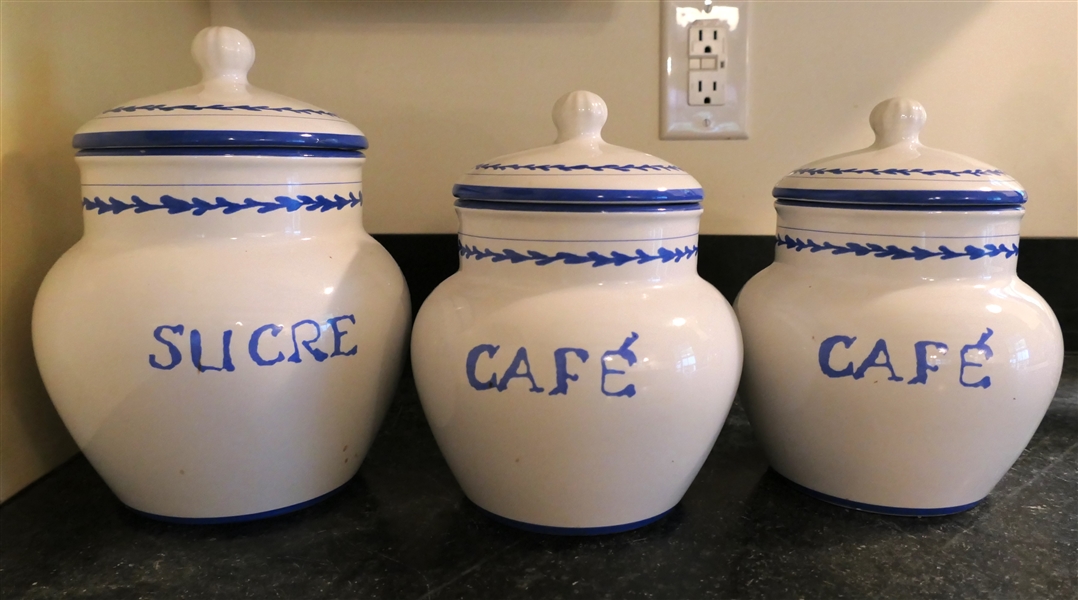 American Atelier "French Bistro" Canister Set -- 2 Café and 1 Sucre Canisters - Sucre Measures 9" Tall 