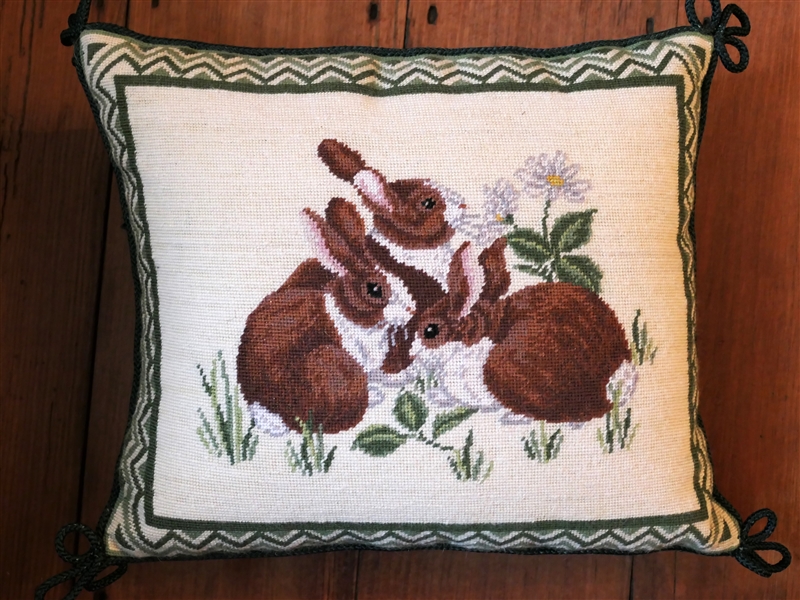 Katha Diddel Home Collection Needlepoint Rabbit Pillow - Green Velvet Back - Pillow Measures  12" BY 14" 