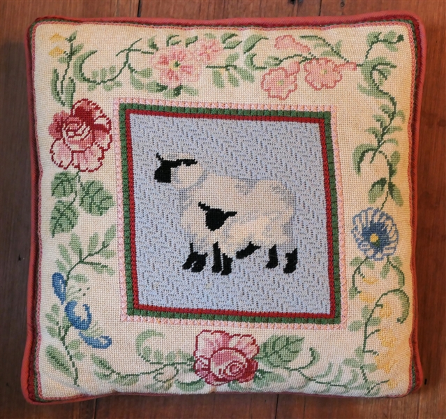 Needlepoint Sheep Pillow - Floral Boarder - Mauve Corduroy Back - Pillow Measures 14" by 14"