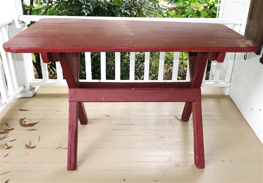 Early American Red Painted Saw Buck Table - Stretcher Base - Cut Corner on Top - Table Measures 31 1/2" Tall 51" by 30 1/2"