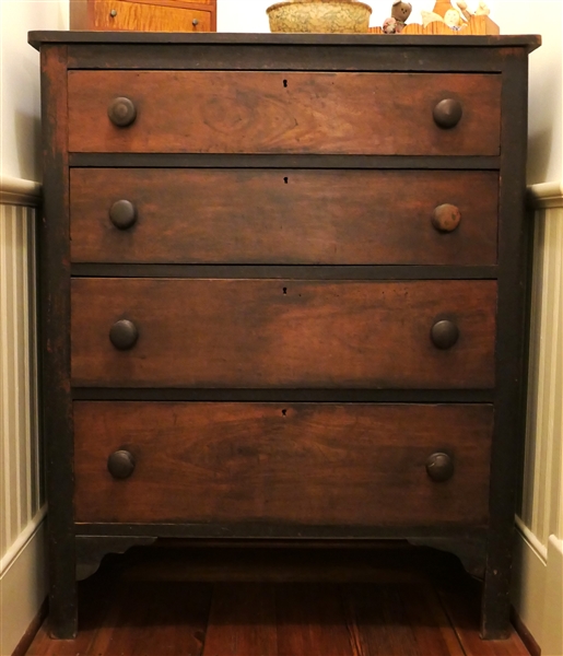 Pegged 4 Drawer Chest - Original Finish - 4 Dovetailed Drawers -Solid Ends - Scalloped Details Around Feet - Chest Measures 45 3/4" Tall 37" by 19"