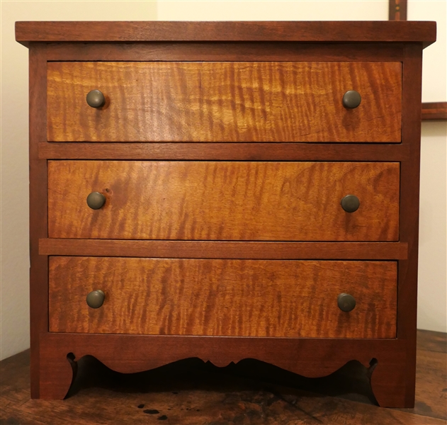 Fine Miniature Chest with Tiger Maple Drawer Fronts - Scalloped Ends - 3 Hand Dovetailed Drawers - Chest Measures 11" tall 11 3/4" by 7" 