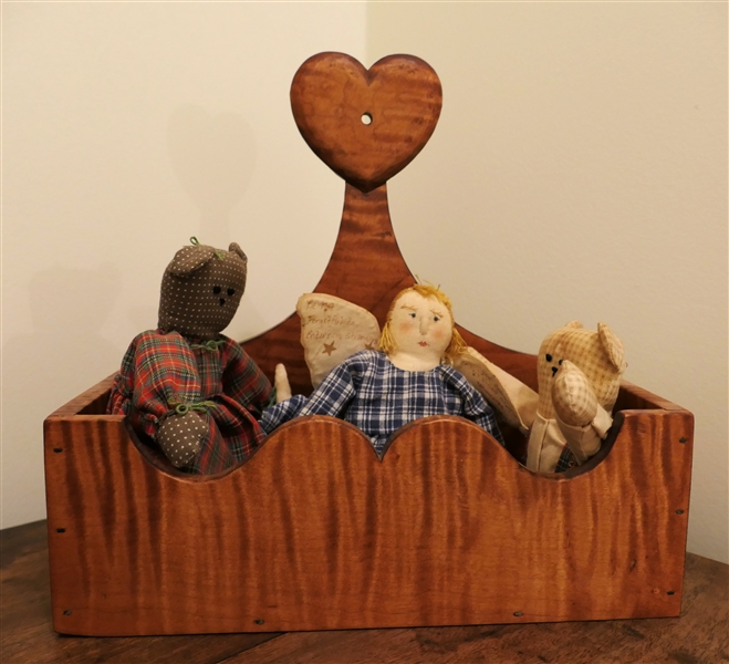 Tiger Maple Wall Box - Heart Top with Scalloped Edges - with 3 Handmade Cloth Toys - Bear, Angel, and Cat - Box Measures 10" Tall 10 1/2" by 5 1/2" 