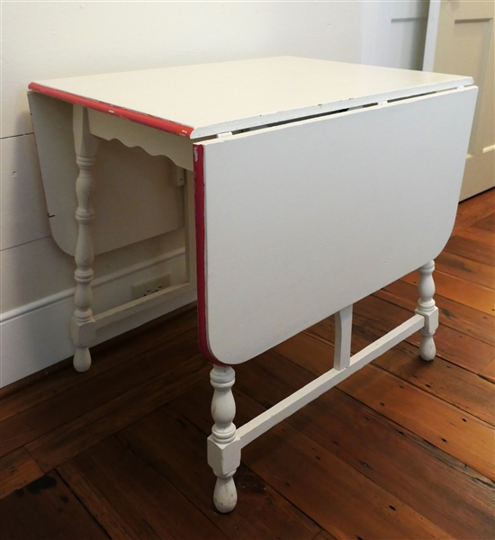 White Painted Breakfast Table with Red Trim - Turned Legs - Table Measures 29" Tall 22" by 30" Each Leaf Measures 16"