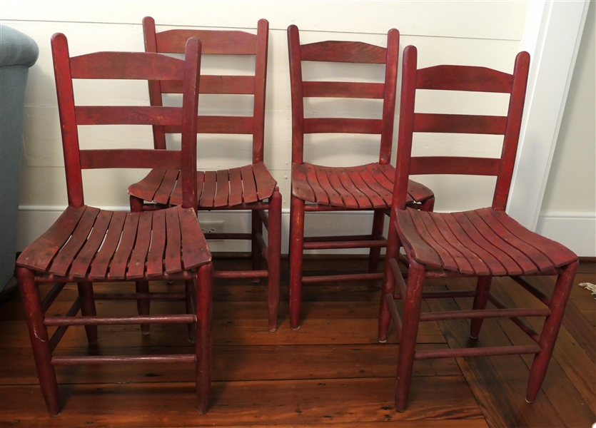 4 Red Painted Chairs with Slat Bottom Seats 