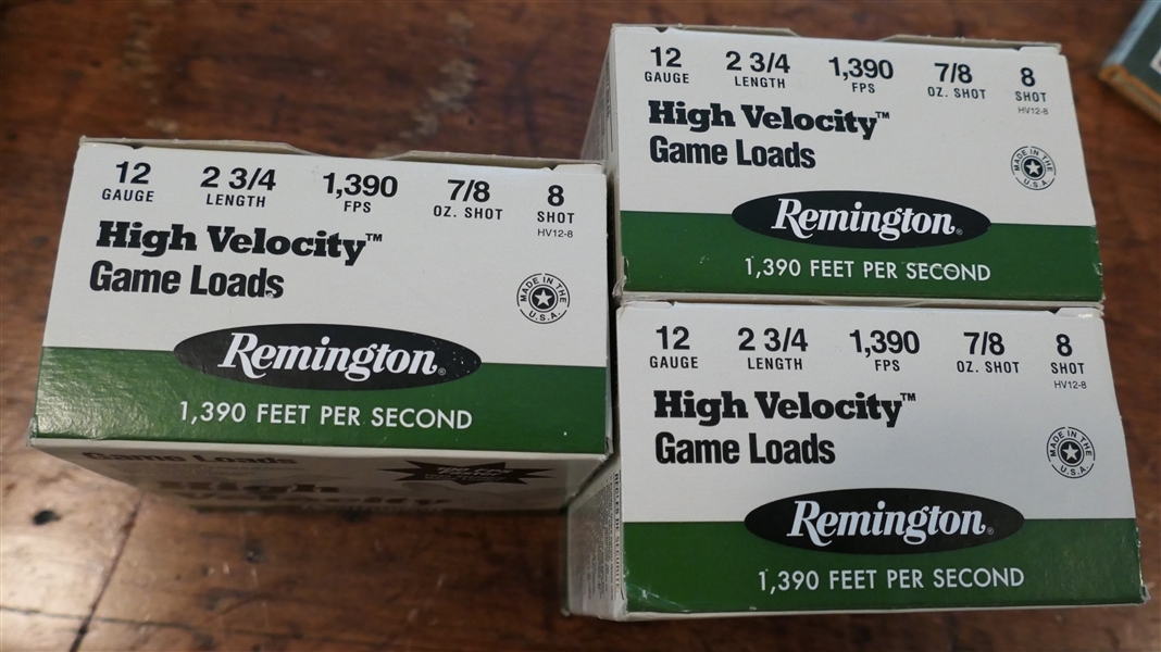 3 New Boxes of Remington High Velocity 12 Gauges Shot Gun Shells 8 Shot - 2 3/4" Length 