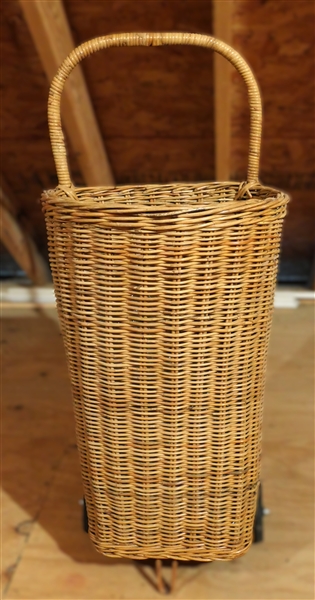 Wicker Rolling Shopping / Garden Basket - Measures 31" Tall 18" by 15" - Not Including Handle 