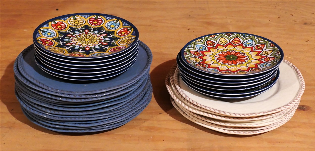 Melamine Dinner and Salad Plates - 26 Dinner Plates and 14 Salad Plates - Blue and Cream Dinner Plates, and Floral Patterned Salad Plates 