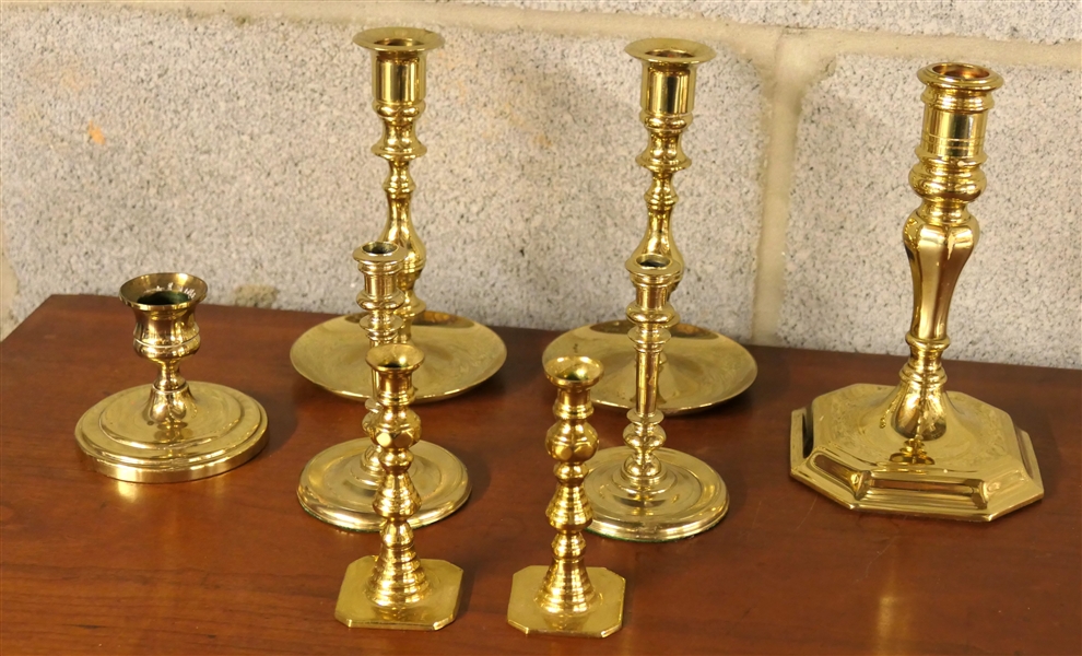 8 Brass Candlesticks - Baldwin and Others - Tallest Baldwin with Square Base Measures 6" - Miniature All Are Approx 4" 