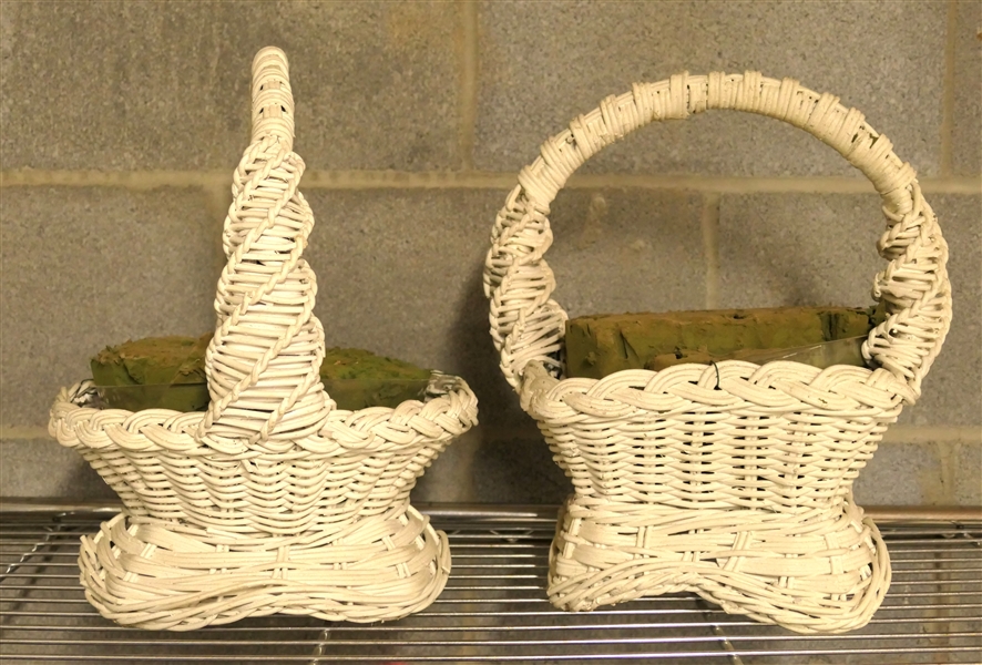 2 Nice Antique White Wicker Baskets - Square Basket Measures 6 1/2" Tall 9" by 9" 