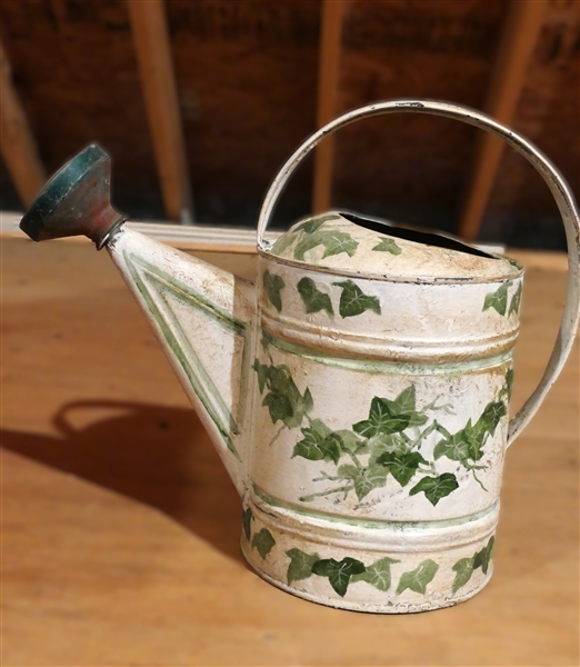 Hand Painted Watering Can with Ivy Leaves - Copper Sprinkler - Measures 10" Tall