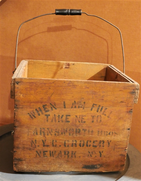 Wood Egg Carrier Crate - Farmers Favorite Egg Carrier  - Stencil Decorated - NYC Grocery - Newark, NJ - Wood Crate with Wood Bail Handle -  Measures 10" Tall 12" by 13" - 