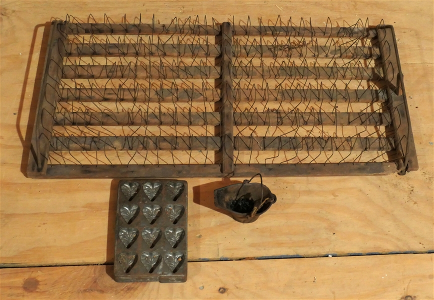 Unusual Wood and Wire Carrier, Heart Shaped Chocolate Mold, and Miniature Iron Pot - Wood Rack Measures 24" by 12" 