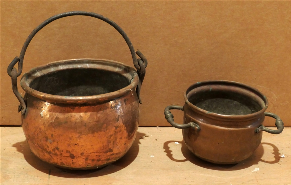 2 Copper Pots - Smaller Double Handle and Hammered Copper with Single Handle - Smaller Measures 3 1/2" by Across 4 1/2" tall 