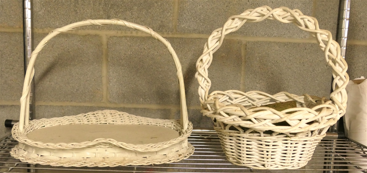 2 Antique White Wicker Baskets - Tray Basket and Round Basket - Tray Basket Measures 14" by 9" Not Including Handle