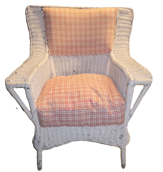 White Wicker Club Chair with Pink Plaid Cushion and Back 