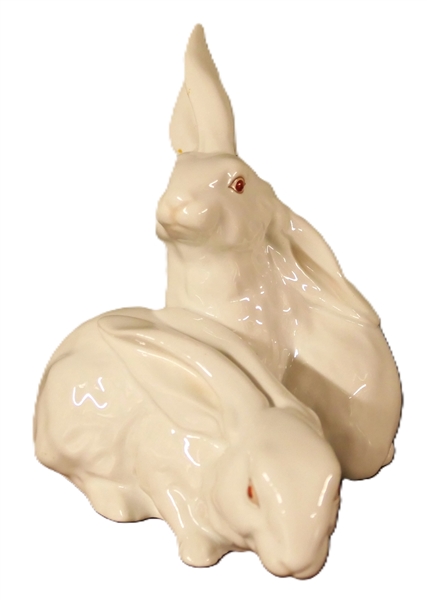 Herend Hungary Hand Painted White Rabbits with Red Eyes - Rabbits Measure 5" to Ears 4" Across - 