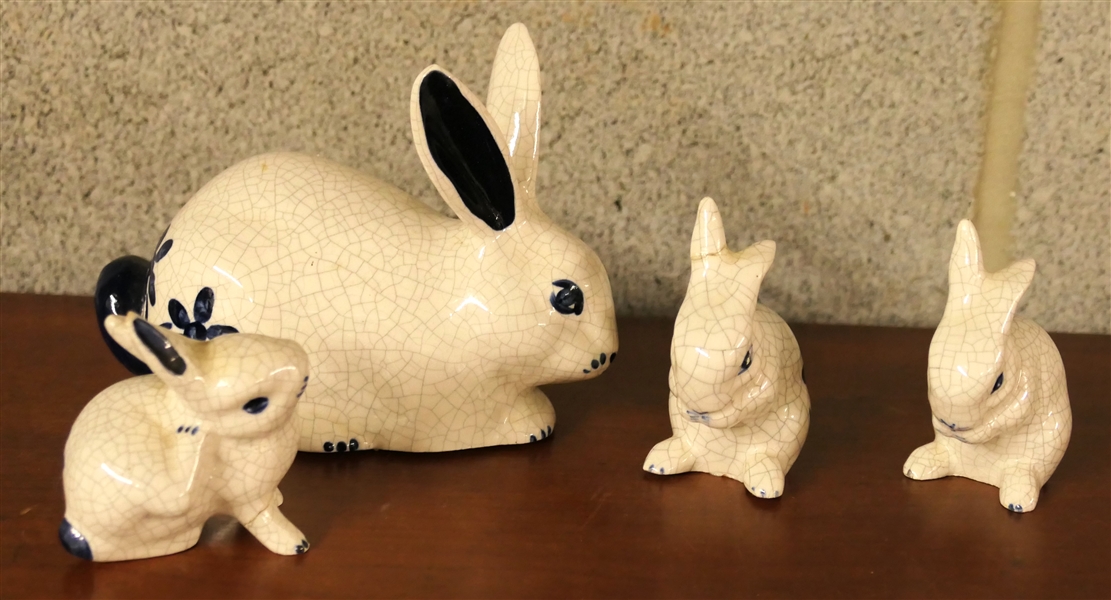 4 Handpainted Blue and White Rabbits - Crackle Finish - Largest Measures 4" Tall 6" Nose to Tail 