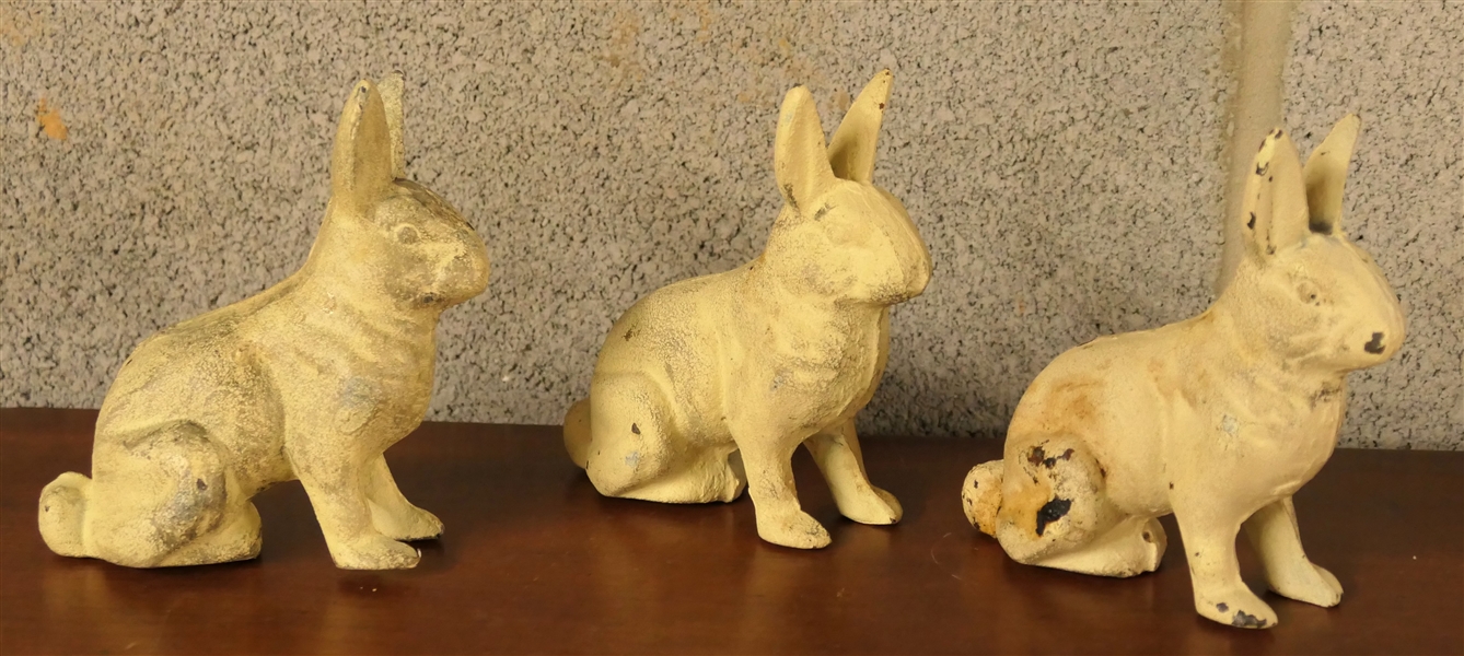 3 White Painted Cast Iron Rabbits - Measuring 4 1/2" Tall 5" Nose to Tail 