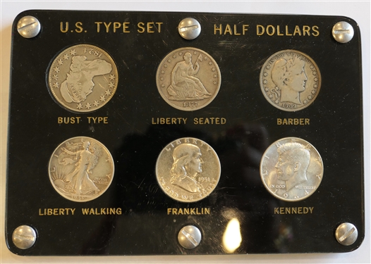 U.S. Type Set Half Dollars - 1824 Bust Type, 1877 Liberty Seated, 1909 Barber, 1943 Liberty Walking, 1951 Franklin, and 1964 Kennedy - Silver Half Dollars in Hard Case