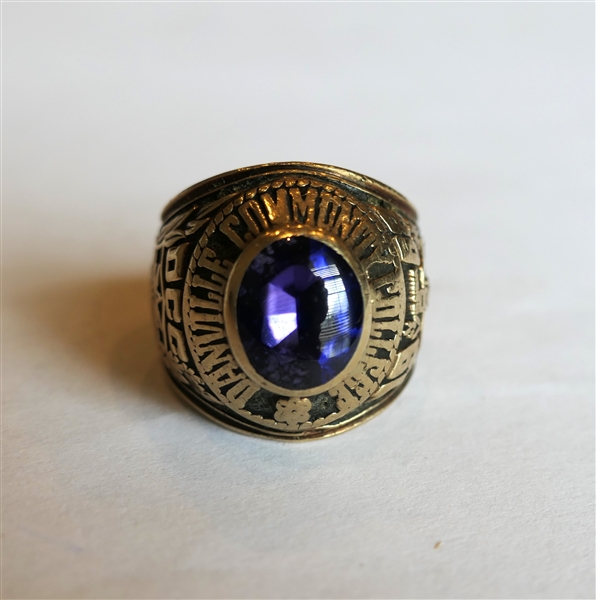 10kt Yellow Gold - 1968 Danville Community College Class Ring - Amethyst Center Stone - GRB Engraved Inside  - Ring Size 9 3/4 - Weighs 27.4 Grams