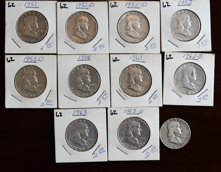 11 - Silver Franklin Half Dollars 