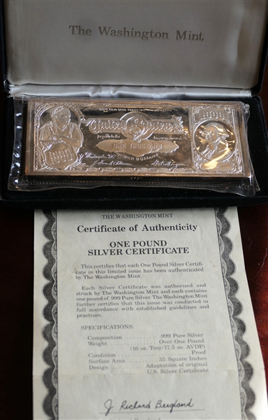 The Washington Mint One Pound Silver Certificate - 1 Pound .999 Fine Silver Bar (16 Troy Ounces)  - Number 931 - In Velvet Case with Certificate of Authenticity