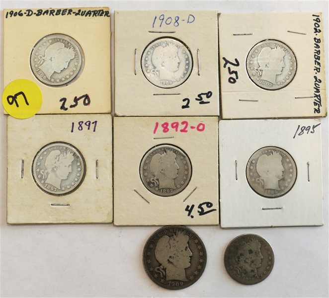 7- Silver Barber Quarters and 1 1909 S Barber Half Dollar