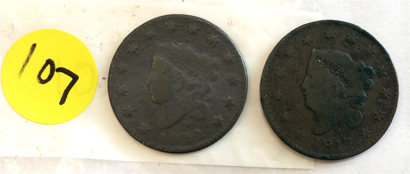 2- United States Large One Cent - 1822 and 1817