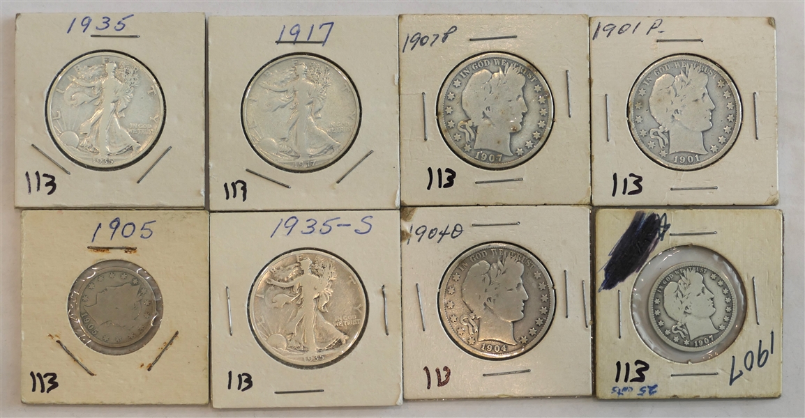 8 Coins - 1905 "V" Nickel, 1907 Barber Quarter, 3 Liberty Walking Silver Half Dollars, 3 Silver Barber Half Dollars 