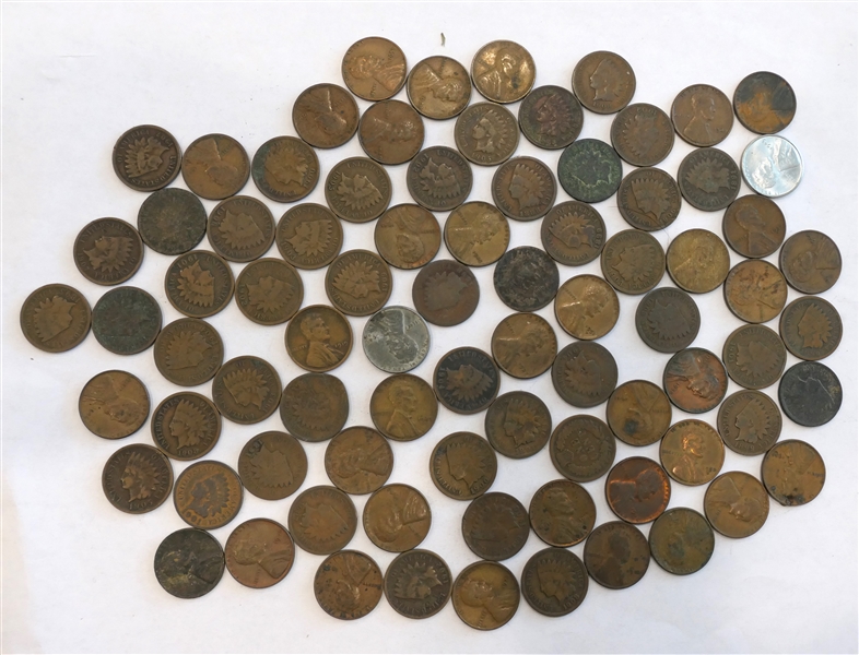 Mixed Lot of 82 Pennies including Wheat Pennies, Indian Head, Steel - Not Searched