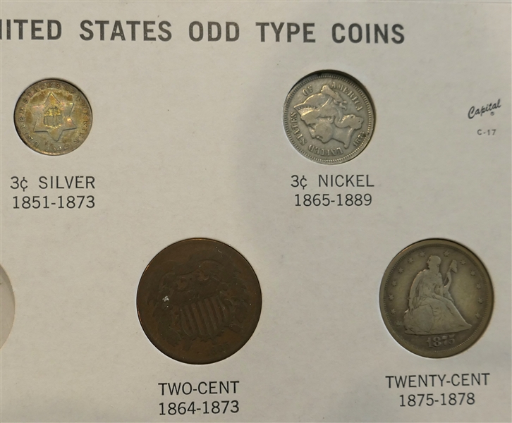 United States "Odd Type" Coins - 3 Cent Silver, 1878 3 Cent Nickel, 1865 2 Cent, and 1875 Twenty Cent - Coins In Hard Case