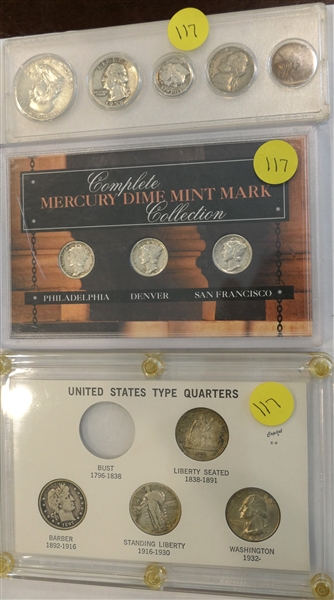 3 Hard Display Cases of Coins - 1958 Set - Half, Quarter, Dime, Nickel, and Penny. United States Type Quarters - 1863 Liberty Seated, 1897 Barber, 1926 Standing Liberty, and 1955 Washington. And...